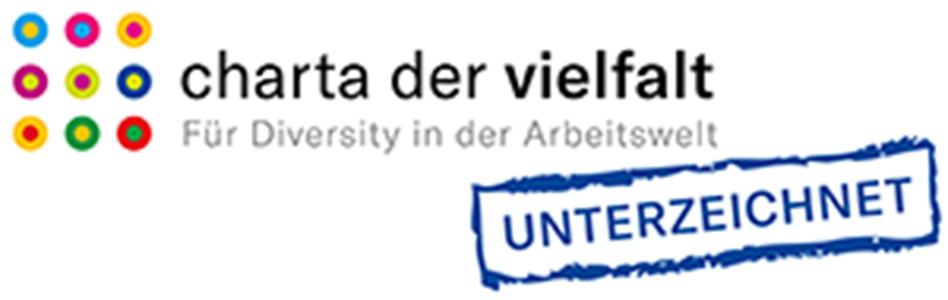 Logo der Initiative Charta der Vielfalt mit Schriftzug der darauf hinweist, dass die Charta von unserem Verband unterzeichnet wurde